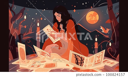 Witch woman using tarot cards for love spelling, witchcraft, divination and fortune telling. Magic illustration and alchemy.Generative AI Witch woman using tarot cards for love spelling, witchcraft, divination and fortune telling. Magic illustration and alchemy.Generative AI 100824157