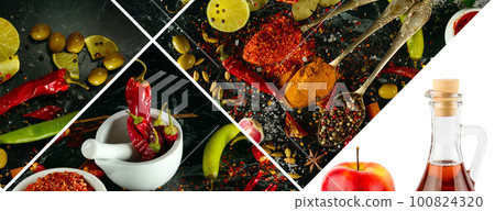 Spices and vegetable in a beautiful collage. Wide photo. 100824320
