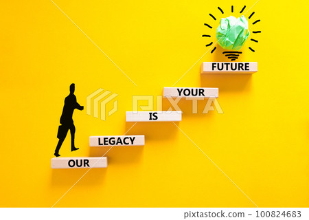 Legacy and future symbol. Concept words Our legacy is your future on wooden blocks. Beautiful yellow table yellow background. Businessman icon. Business legacy and future concept. Copy space. Legacy and future symbol. Concept words Our legacy is your future on wooden blocks. Beautiful yellow table yellow background. Businessman icon. Business legacy and future concept. Copy space. 100824683