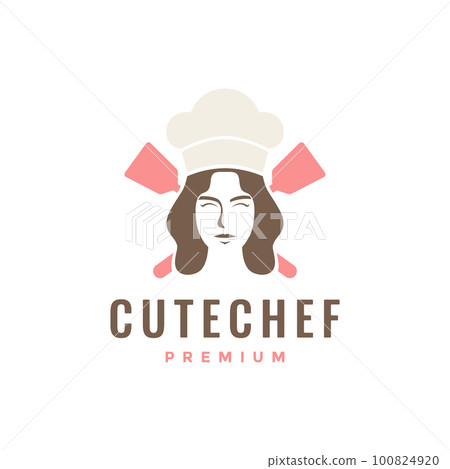 people beauty women female face job chef cooking kitchen food spatula hat logo design vector 100824920