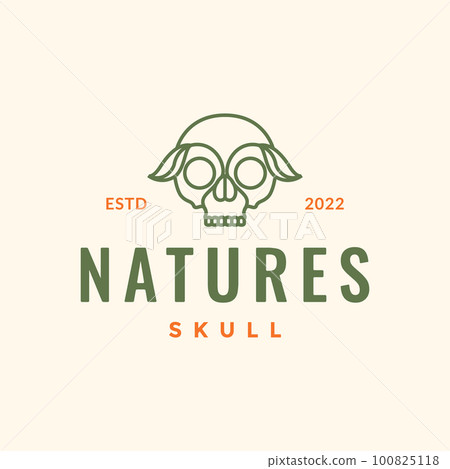 skull cranium brain pan head leaves nature line minimal hipster logo design vector 100825118