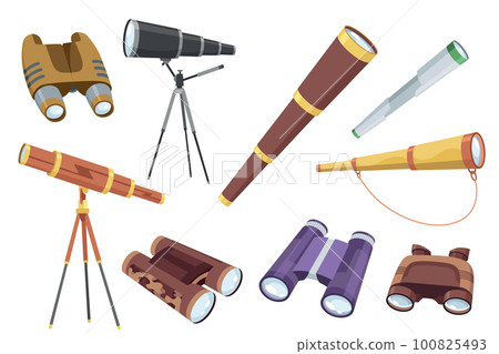 Optical instruments icon for viewing distant objects set. Different devices for education binoculars for scientists and spyglass. Modern isolated vector illustration 100825493