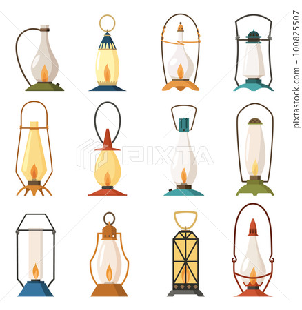 Vintage camping lantern set. Different oil lamp collection. Various handle gas lamps for tourist hiking. Flame glow camp fuel burn isolated on white background 100825507