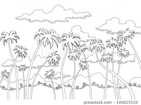 California sunset landscape in coloring style. Coast wallpaper with silhouette palm trees. Nature panorama of scenic sky, tropical forest and mountains. Vector illustration 100825520