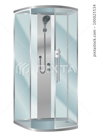 Shower cabin. Elegant bathroom element for bath room interior. Realistic vector cabin with transparent glass doors and modern shower system 100825534