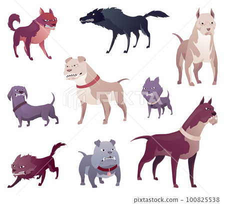 Angry dogs. Mad animals with sharp teeth. Dangerous cartoon pet. Vector dogs in action poses standing. Aggressive poochs isolated on white background 100825538