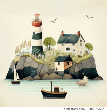 Kid painting colorful of beautiful fishing village on island Created with Generative AI technology. 100825574