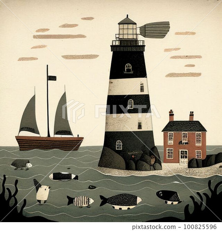 Kid painting colorful of beautiful fishing village on island Created with Generative AI technology. 100825596