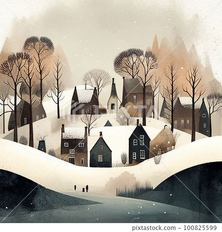 Kid painting colorful of beautiful snow village on snow hill Created with Generative AI technology. Kid painting colorful of beautiful snow village on snow hill Created with Generative AI technology. 100825599