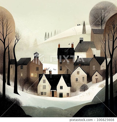 Kid painting colorful of beautiful snow village on snow hill Created with Generative AI technology. 100825608