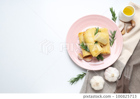 Concept of tasty food, thin pancakes with filling, space for text Concept of tasty food, thin pancakes with filling, space for text 100825713