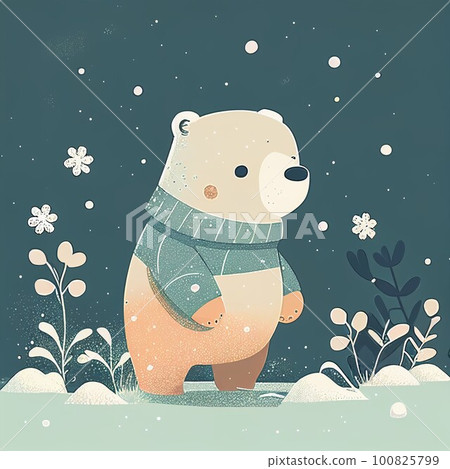 Illustration cute teddy bear standing alone on snowy day Created with Generative AI technology. 100825799