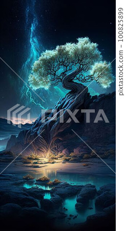 Big tree glowing colorful from night sky and star background Created with Generative AI technology. 100825899