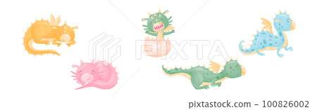 Cute Dragons as Horned and Winged Four-legged Creature from Fairytale Vector Set 100826002