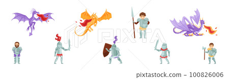 Brave Medieval Knight in Armored Suit Holding Sword and Spear Fighting with Fire Breathing Dragon Vector Set 100826006