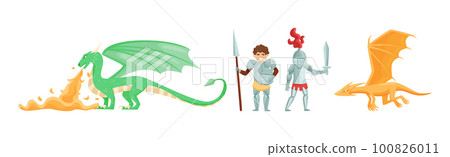 Brave Medieval Knight in Armored Suit Holding Sword and Spear Fighting with Fire Breathing Dragon Vector Set 100826011