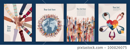 Volunteer people group concept flyer brochure poster editable template.Multicultural people with raised hands. People diversity holding heart.Hands in a circle. Solidarity.NGO Aid concept 100826075