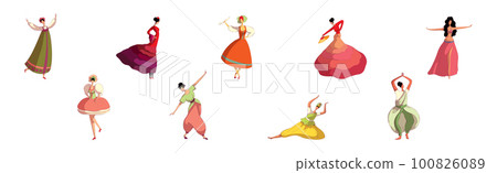 Young Woman Performing Different Folk Dances Moving Gracefully Vector Set 100826089