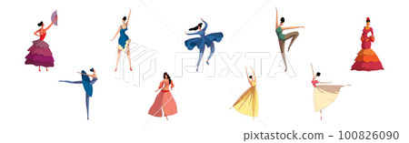 Young Woman Performing Different Folk Dances Moving Gracefully Vector Set Young Woman Performing Different Folk Dances Moving Gracefully Vector Set 100826090