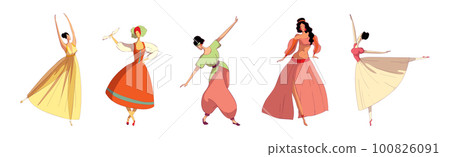 Young Woman Performing Different Folk Dances Moving Gracefully Vector Set 100826091