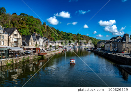 Breton Village Dinan With Half-Timbered Houses And River La Rance In Department Ille et Vilaine In Brittany, France Breton Village Dinan With Half-Timbered Houses And River La Rance In Department Ille et Vilaine In Brittany, France 100826329
