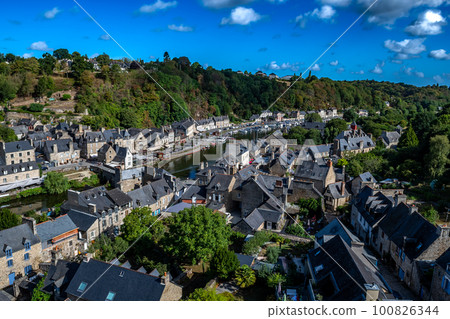 Breton Village Dinan With Half-Timbered Houses And River La Rance In Department Ille et Vilaine In Brittany, France Breton Village Dinan With Half-Timbered Houses And River La Rance In Department Ille et Vilaine In Brittany, France 100826344