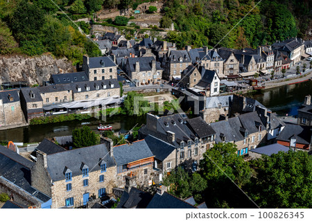 Breton Village Dinan With Half-Timbered Houses And River La Rance In Department Ille et Vilaine In Brittany, France 100826345