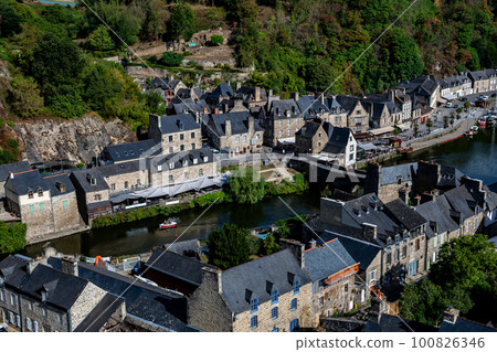 Breton Village Dinan With Half-Timbered Houses And River La Rance In Department Ille et Vilaine In Brittany, France Breton Village Dinan With Half-Timbered Houses And River La Rance In Department Ille et Vilaine In Brittany, France 100826346