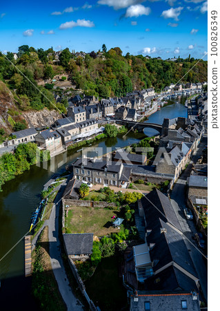 Breton Village Dinan With Half-Timbered Houses And River La Rance In Department Ille et Vilaine In Brittany, France Breton Village Dinan With Half-Timbered Houses And River La Rance In Department Ille et Vilaine In Brittany, France 100826349