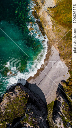 Spectacular Cliffs And Sandy Beach At Atlantic Coast Of Cap Frehel In Brittany, France 100826558