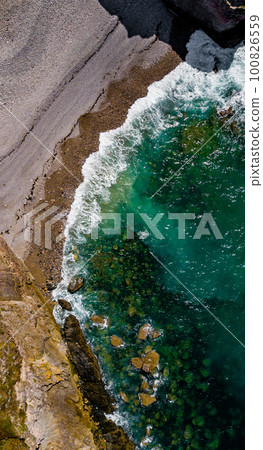 Spectacular Cliffs And Sandy Beach At Atlantic Coast Of Cap Frehel In Brittany, France 100826559