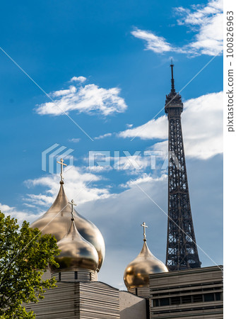 Famous Eiffel Tower (Tour Eiffel) With Orthodox Church In Paris, France Famous Eiffel Tower (Tour Eiffel) With Orthodox Church In Paris, France 100826963