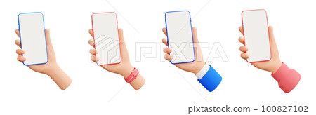 Hand holding mobile phone 3d render illustration - human hand with telephone with empty screen. 100827102