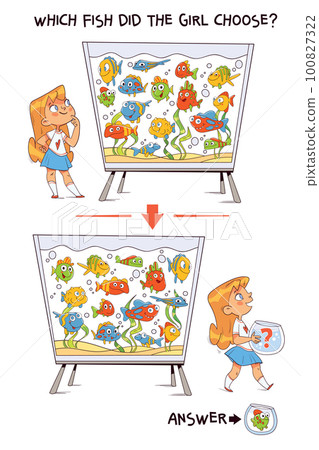 Find differences. Puzzle game. Which fish did the girl choose Find differences. Puzzle game. Which fish did the girl choose 100827322