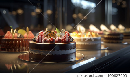 buffet with sweets cakes and pastries in a restaurant  .Generative AI 100827903
