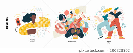 Lifestyle series - modern flat vector illustration of Birthday party, Healthy eating, Sleeping behaviour. People activities and behaviour methapors and hobbies concept 100828502