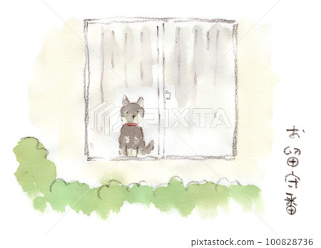 Watercolor sketch illustration of a Shiba Inu waiting for her family to return by the window while she is answering 100828736