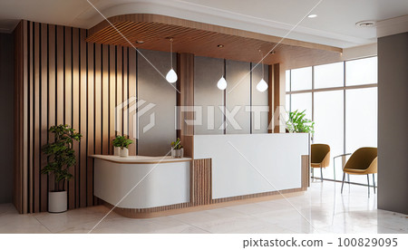 Interior of a hotel lobby with reception desks with transparent covid plexiglass lexan clear sneeze guards 100829095