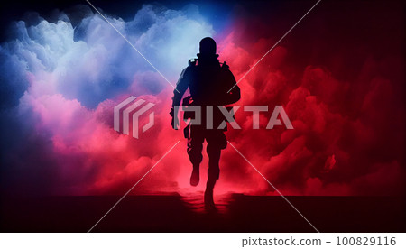 Criminal policeman detective man running holding gun full length silhouette in studio. 100829116