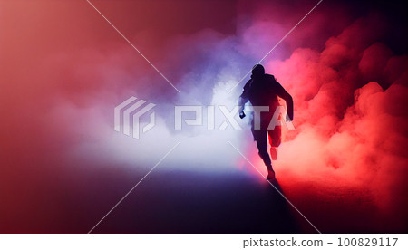 Criminal policeman detective man running holding gun full length silhouette in studio. 100829117