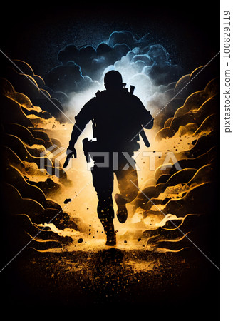 Criminal policeman detective man running holding gun full length silhouette in studio. 100829119