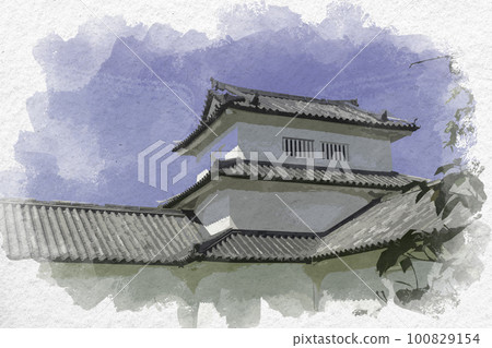Watercolor-style Hikone Castle Nishinomaru three-storied turret Hikone City, Shiga Prefecture 100829154