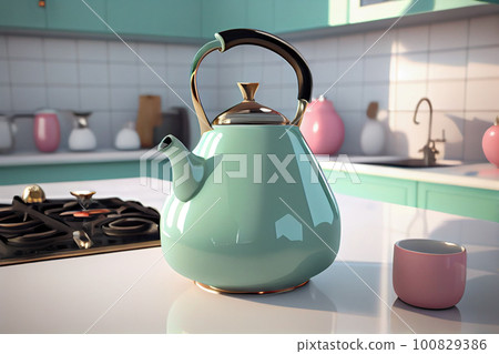 Modern electric kettle, cup and honey on wooden table in kitchen Modern electric kettle, cup and honey on wooden table in kitchen 100829386