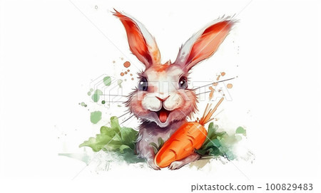 一隻拿著胡蘿蔔的兔子帶著快樂的表情 AI 生成的圖像 100829483