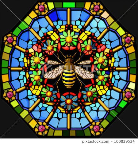 Stained glass style window with bee. Generative AI 100829524