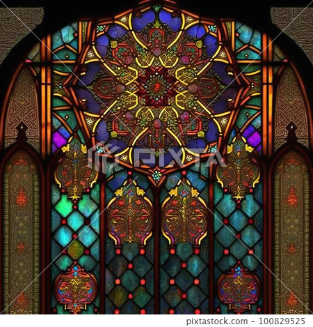 Arch stained glass style rosetta window. Generative AI Arch stained glass style rosetta window. Generative AI 100829525