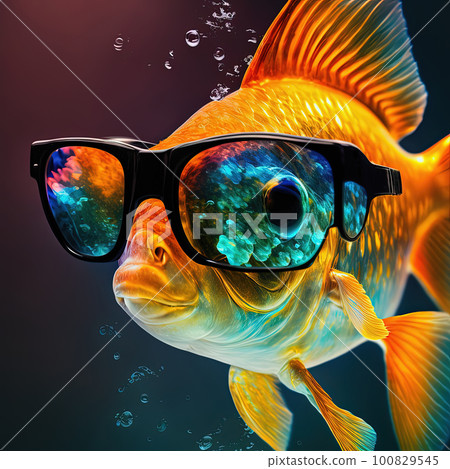 Neon party goldfish in sunglasses. Pop art style fish portrait Neon party goldfish in sunglasses. Pop art style fish portrait 100829545