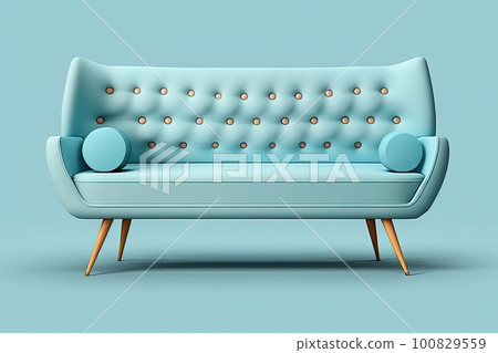Mid century blue fabric accent sofa with wood legs. Fabric upholstery couch on monochrome background. Mid-century interior with retro stylized modern furniture. AI Mid century blue fabric accent sofa with wood legs. Fabric upholstery couch on monochrome background. Mid-century interior with retro stylized modern furniture. AI 100829559