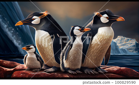Group of northern rockhopper penguins with menacing gaze and spread wings standing on the rocks and looking forward. Crested penguins, Eudyptes chrysocome Group of northern rockhopper penguins with menacing gaze and spread wings standing on the rocks and looking forward. Crested penguins, Eudyptes chrysocome 100829590