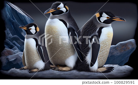 Group of northern rockhopper penguins with menacing gaze and spread wings standing on the rocks and looking forward. Crested penguins, Eudyptes chrysocome Group of northern rockhopper penguins with menacing gaze and spread wings standing on the rocks and looking forward. Crested penguins, Eudyptes chrysocome 100829591
